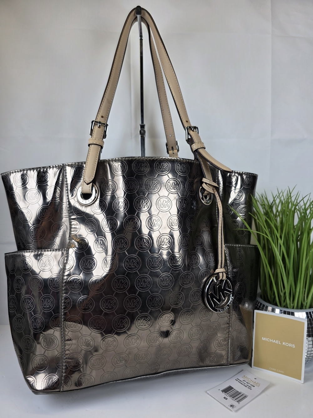 Michael Kors Jet Set Gold Nickel Metallic Signature Tote Large Shoulder Work Bag